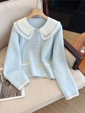 Women Light Blue Peter Pan Collar Knitted Cardigan Luxury Sweater Vintage 2000s